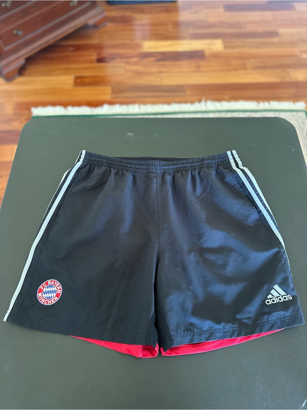 adidas Bayern Munich Black Athletic Shorts with White Stripes and Red Liner XL
